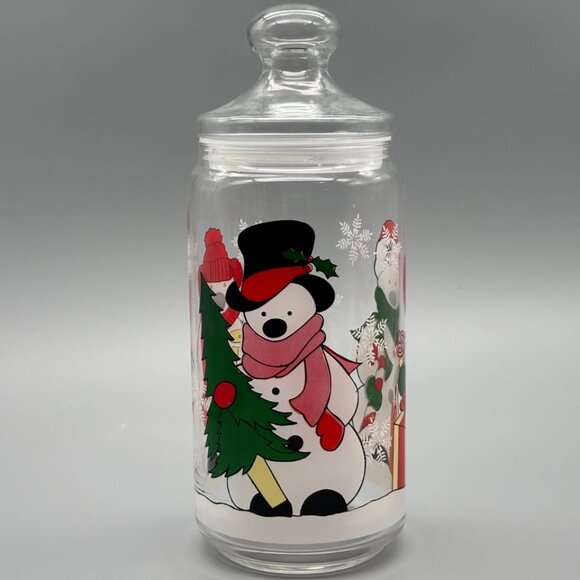 Vintage Glass Christmas Jar with Snowman Design and Lid Holiday Kitchen Storage - Picture 4 of 5